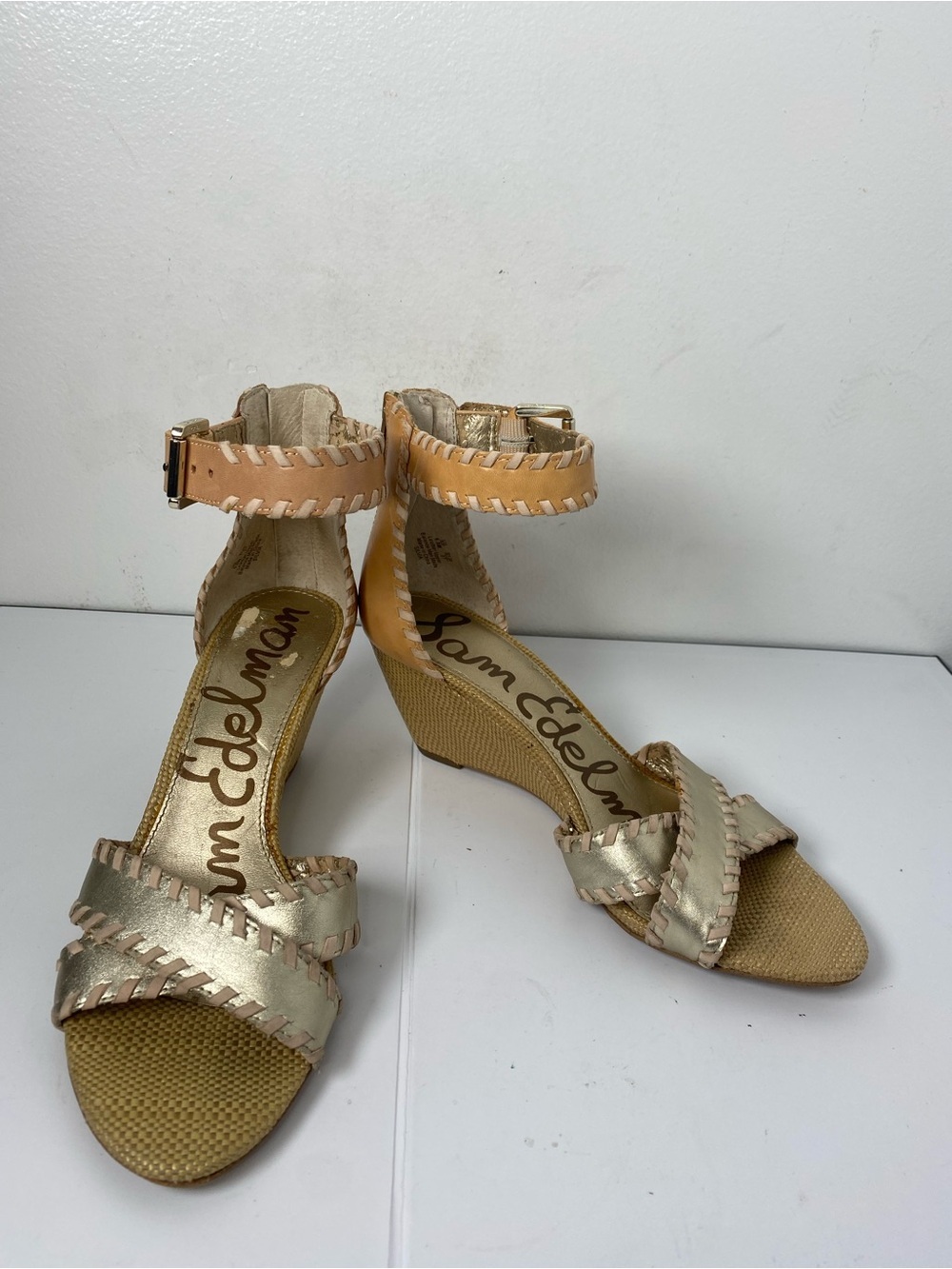 Sam Edelman Gold and Tan Wedge Sandals with Ankle Strap Flawed